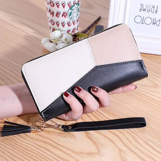 New Women's Trendy Wallet With Long Tassel Contrasting Color Zipper Hand-Held Bag Large Capacity Wallet